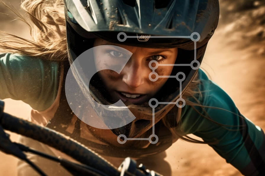 Intra Συλλεκτικό Ξύλινο Παζλ Plywood  4mm - Συναρπαστική λήψη δράσης μιας γυναίκας που κάνει ορεινή ποδηλασία σε ένα χωματόδρομο Σε Ξύλινο Κουτί - Διαστάσεις Puzzle: 10x10 cm – 25 κομμάτια