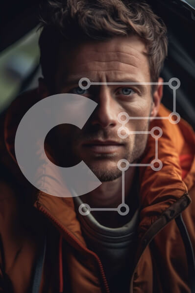 Intra Συλλεκτικό Ξύλινο Παζλ Plywood  4mm - Σοβαρός άντρας με πορτοκαλί μπουφάν | Φωτογραφία Αρχείου Σε Ξύλινο Κουτί - Διαστάσεις Puzzle: 10x10 cm – 25 κομμάτια