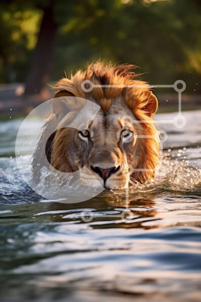 Σετ των 2 Intra Συλλεκτικό Ξύλινο Παζλ Plywood  4mm - Όμορφη εικόνα ενός λιονταριού που κολυμπά στο νερό Σε Ξύλινο Κουτί - Διαστάσεις: 10x10 cm – 25 κομμάτια