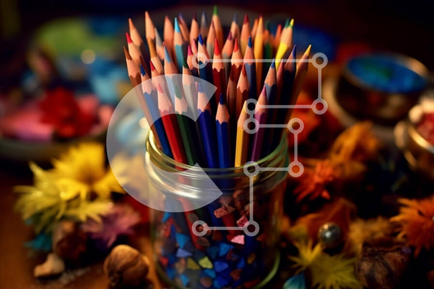 Intra Συλλεκτικό Ξύλινο Παζλ Plywood  4mm - Βάζο Mason γεμάτο με πολύχρωμα μολύβια σε ξύλινο τραπέζι Σε Ξύλινο Κουτί - Διαστάσεις: 10x10 cm – 25 κομμάτια