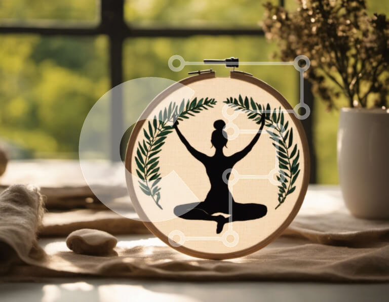 Intra Συλλεκτικό Ξύλινο Παζλ Plywood  4mm - Στεφάνη σταυροβελονιάς με γυναικεία σιλουέτα σε στάση γιόγκα Σε Ξύλινο Κουτί - Διαστάσεις Puzzle: 10x10 cm – 25 κομμάτια