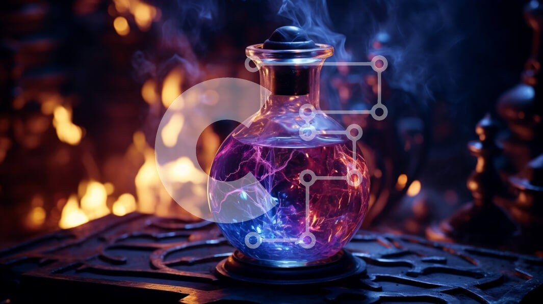 Intra Συλλεκτικό Ξύλινο Παζλ Plywood  4mm - Αφηρημένο μωβ υγρό σε γυάλινο μπουκάλι με φόντο φλόγες Σε Ξύλινο Κουτί - Διαστάσεις Puzzle: 10x10 cm – 25 κομμάτια