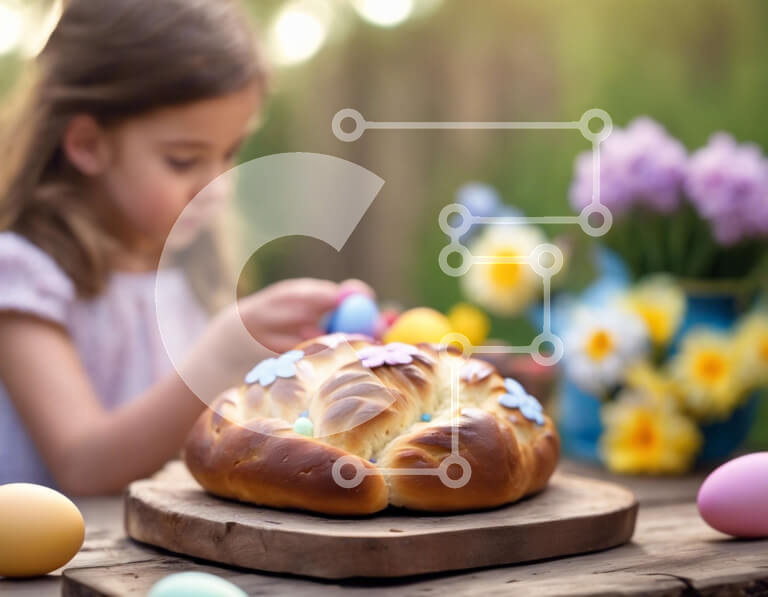 Intra Συλλεκτικό Ξύλινο Παζλ Plywood  4mm - Κορίτσι που διακοσμεί το πασχαλινό κέικ Bundt με πολύχρωμα αυγά Σε Ξύλινο Κουτί - Διαστάσεις: 10x10 cm – 25 κομμάτια