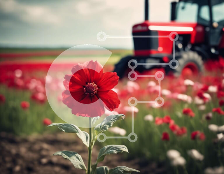 Intra Συλλεκτικό Ξύλινο Παζλ Plywood  4mm - Κόκκινο τρακτέρ στο ανοιχτό πεδίο με τα λουλούδια Σε Ξύλινο Κουτί - Διαστάσεις: 10x10 cm – 25 κομμάτια