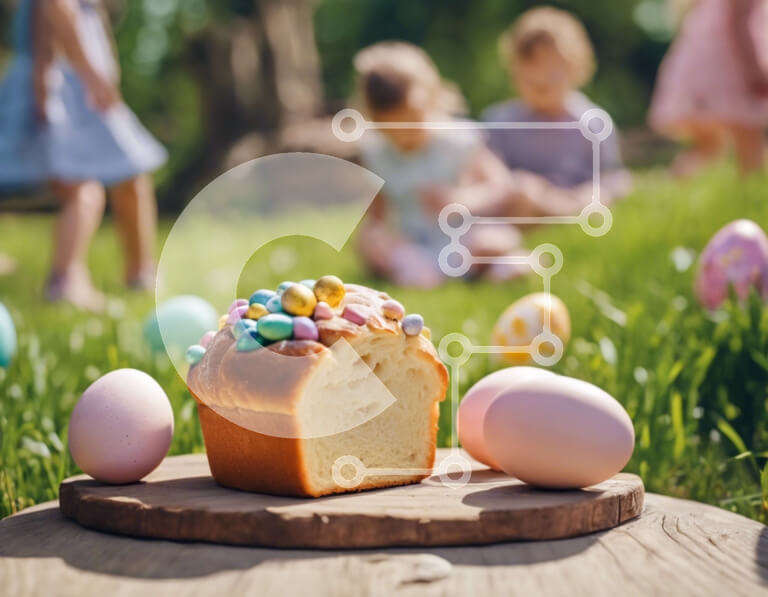 Intra Συλλεκτικό Ξύλινο Παζλ Plywood  4mm - Πασχαλινή γιορτή με ψωμί, λαγουδάκι και πολύχρωμα αυγά στο γρασίδι Σε Ξύλινο Κουτί - Διαστάσεις: 10x10 cm – 25 κομμάτια