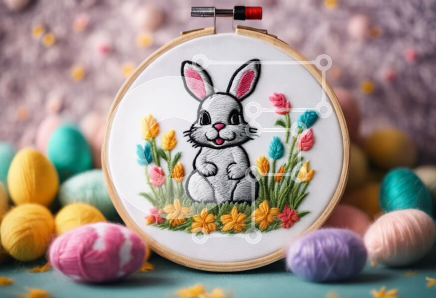 Intra Συλλεκτικό Ξύλινο Παζλ Plywood  4mm - Λαγουδάκι και πασχαλινά αυγά σε τσέρκι κεντήματος Σε Ξύλινο Κουτί - Διαστάσεις Puzzle: 10x10 cm – 25 κομμάτια