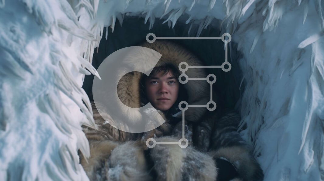 Intra Συλλεκτικό Ξύλινο Παζλ Plywood  4mm - Άτομο με γούνινο παλτό που φαίνεται κρύο μπροστά από ένα μεγάλο γλυπτό από πάγο Σε Ξύλινο Κουτί - Διαστάσεις Puzzle: 10x10 cm – 25 κομμάτια