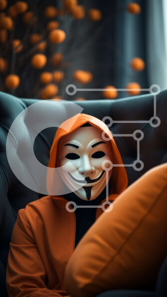 Intra Συλλεκτικό Ξύλινο Παζλ Plywood  4mm - Πρόσωπο με πορτοκαλί κουκούλα και μάσκα Guy Fawkes που κάθεται σε έναν δερμάτινο καναπέ Σε Ξύλινο Κουτί - Διαστάσεις Puzzle: 10x10 cm – 25 κομμάτια