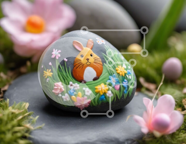 Intra Συλλεκτικό Ξύλινο Παζλ Plywood  4mm - Πασχαλινό λαγουδάκι ζωγραφισμένη πέτρα με λουλούδια και πράσινο γρασίδι Σε Ξύλινο Κουτί - Διαστάσεις: 10x10 cm – 25 κομμάτια