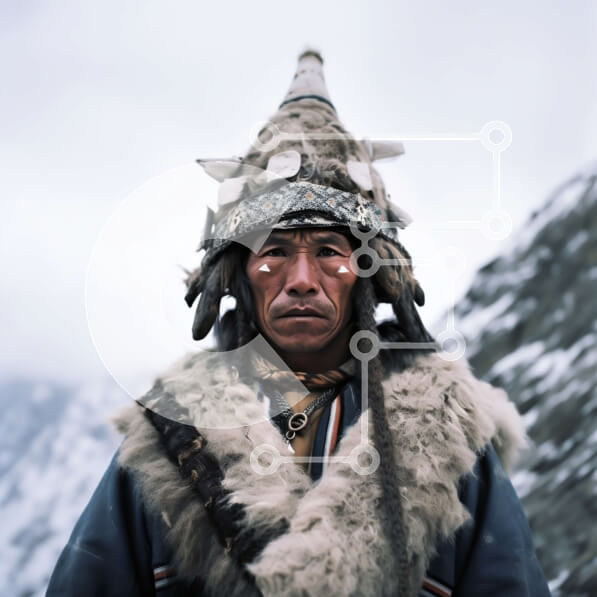 Intra Συλλεκτικό Ξύλινο Παζλ Plywood  4mm - Ασπρόμαυρη εικόνα ενός άνδρα με παραδοσιακή ενδυμασία και κόμμωση ενάντια σε ένα χιονισμένο βουνό Σε Ξύλινο Κουτί - Διαστάσεις Puzzle: 10x10 cm – 25 κομμάτια