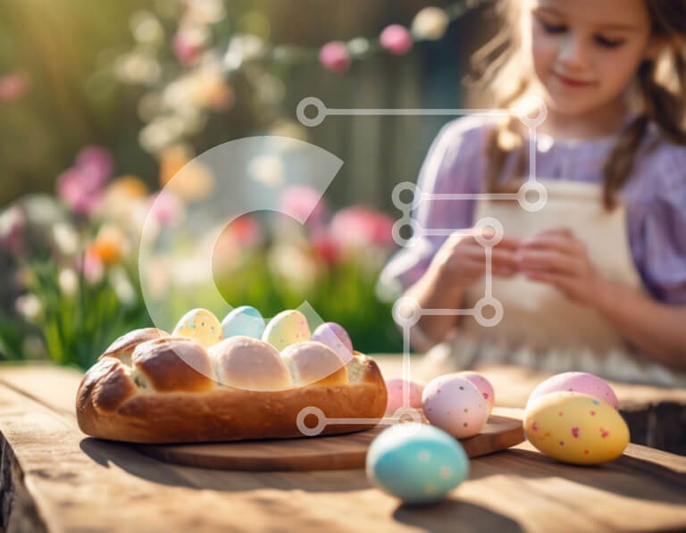 Intra Συλλεκτικό Ξύλινο Παζλ Plywood  4mm - Νεαρό κορίτσι που γιορτάζει το Πάσχα με πολύχρωμα αυγά και ψωμάκια Σε Ξύλινο Κουτί - Διαστάσεις: 10x10 cm – 25 κομμάτια