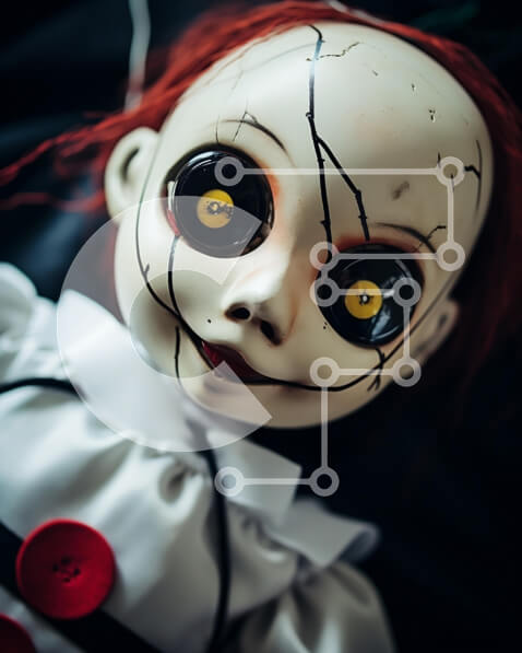 Intra Συλλεκτικό Ξύλινο Παζλ Plywood  4mm - Ανατριχιαστική κούκλα με κόκκινα μαλλιά και κίτρινα μάτια Σε Ξύλινο Κουτί - Διαστάσεις Puzzle: 10x10 cm – 25 κομμάτια