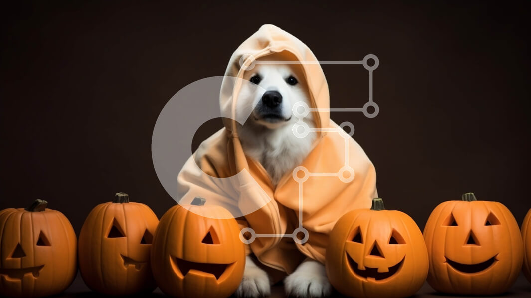 Σετ των 2 Intra Συλλεκτικό Ξύλινο Παζλ Plywood  4mm - Σκύλος που φορά μια στολή κολοκύθας μπροστά από τις κολοκύθες Σε Ξύλινο Κουτί - Διαστάσεις: 10x10 cm – 25 κομμάτια