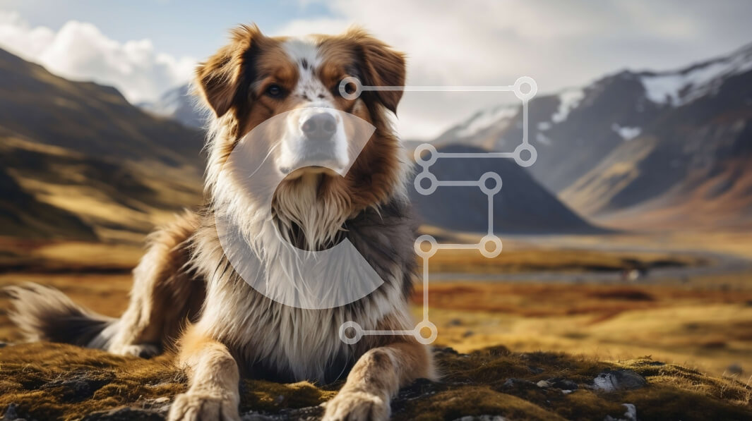 Σετ των 2 Intra Συλλεκτικό Ξύλινο Παζλ Plywood  4mm - Καφέ και λευκό σκυλί που κάθεται σε βραχώδες έδαφος με βουνά στο φόντο Σε Ξύλινο Κουτί - Διαστάσεις: 10x10 cm – 25 κομμάτια