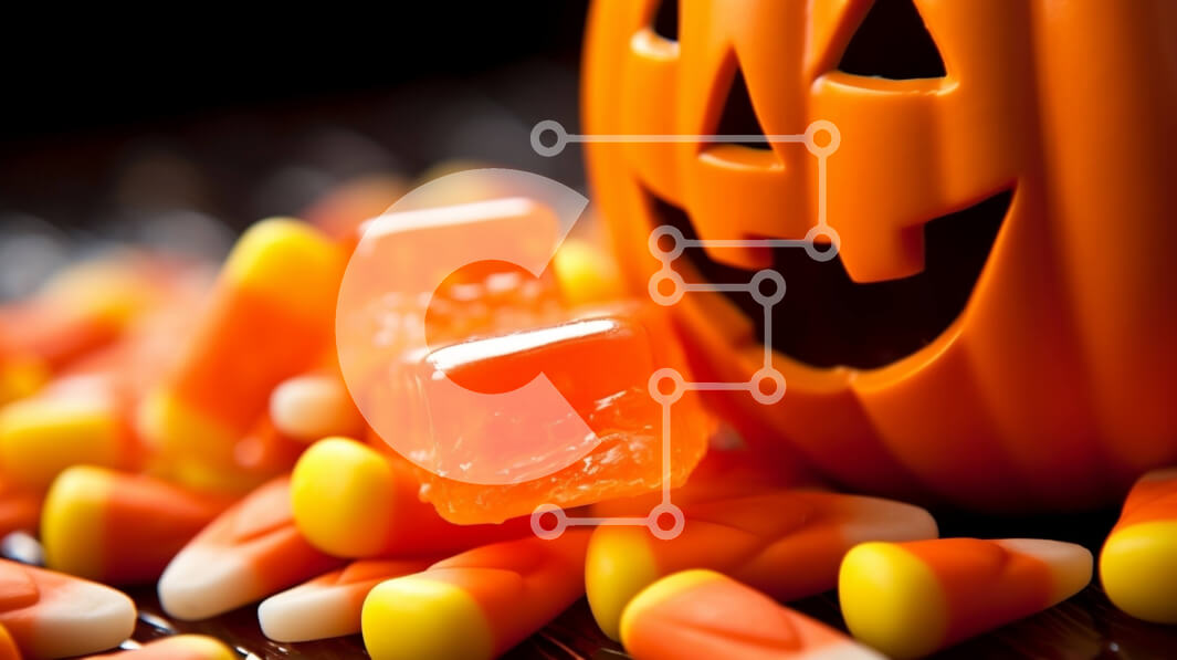 Σετ των 2 Intra Συλλεκτικό Ξύλινο Παζλ Plywood  4mm - Πορτοκαλί κολοκύθα με ζαχαρωτά καλαμπόκια και Gummy Bears σε ξύλινο τραπέζι Σε Ξύλινο Κουτί - Διαστάσεις: 10x10 cm – 25 κομμάτια