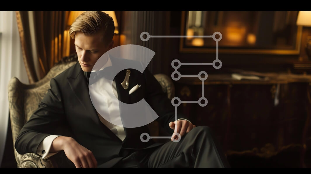 Intra Συλλεκτικό Ξύλινο Παζλ Plywood  4mm - Κομψός νεαρός άνδρας με σμόκιν και παπιγιόν που κάθεται σε μια καρέκλα Σε Ξύλινο Κουτί - Διαστάσεις Puzzle: 10x10 cm – 25 κομμάτια