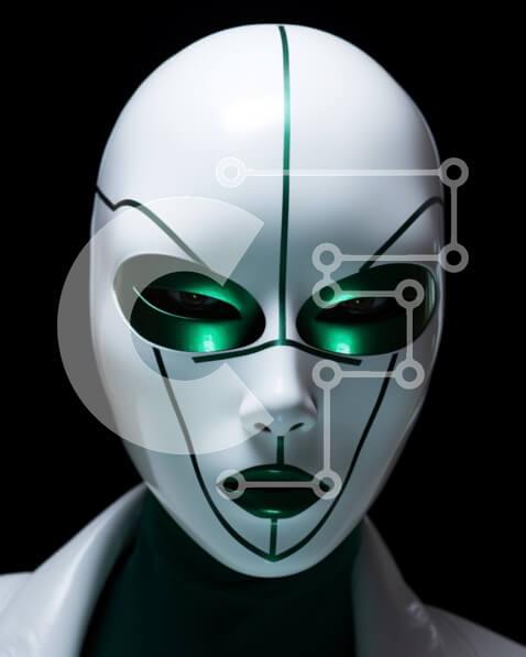 Intra Συλλεκτικό Ξύλινο Παζλ Plywood  4mm - Μυστηριώδες άτομο σε λευκή μάσκα με πράσινα λαμπερά μάτια Σε Ξύλινο Κουτί - Διαστάσεις Puzzle: 10x10 cm – 25 κομμάτια