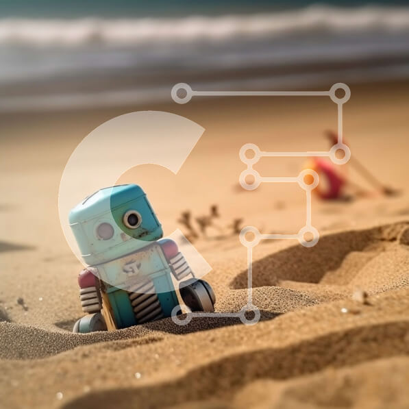 Intra Συλλεκτικό Ξύλινο Παζλ Plywood  4mm - Χαριτωμένη εικόνα ενός ρομπότ παιχνιδιού στην παραλία μια ηλιόλουστη μέρα Σε Ξύλινο Κουτί - Διαστάσεις: 10x10 cm – 25 κομμάτια