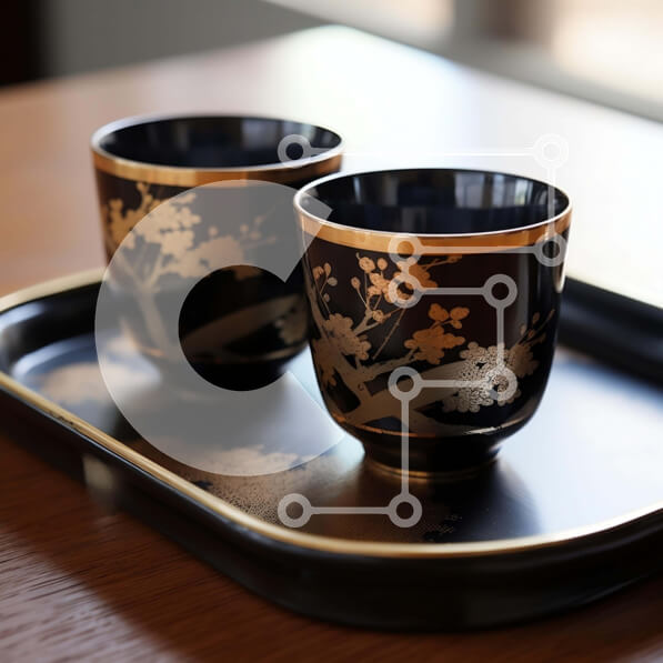 Intra Συλλεκτικό Ξύλινο Παζλ Plywood  4mm - Δύο μαύρα κύπελλα στο δίσκο με χρυσές πινελιές Σε Ξύλινο Κουτί - Διαστάσεις Puzzle: 10x10 cm – 25 κομμάτια