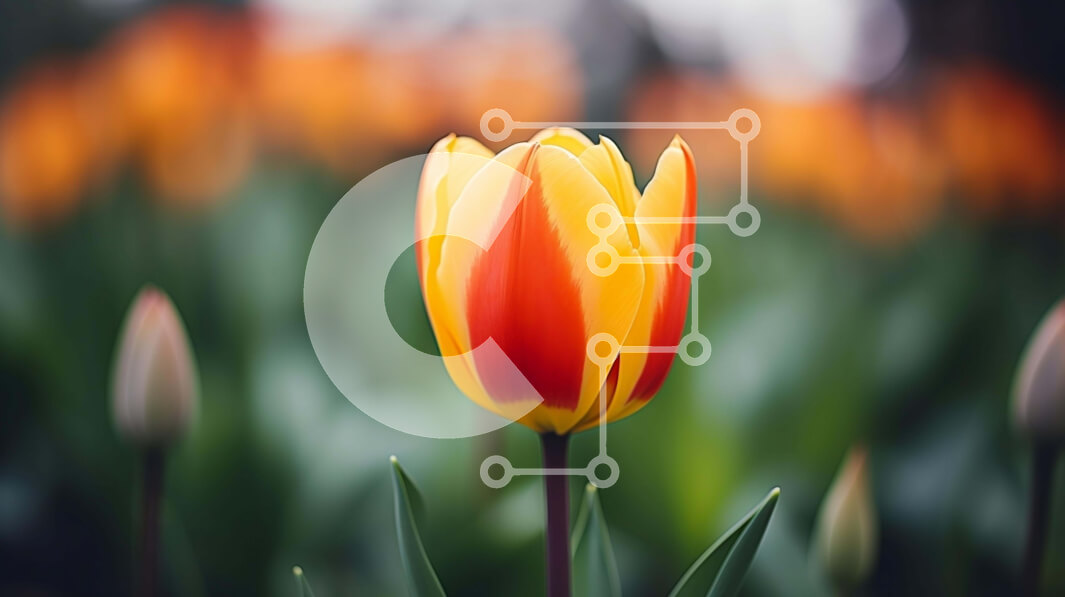 Intra Συλλεκτικό Ξύλινο Παζλ Plywood  4mm - Ζωντανή κίτρινη και κόκκινη τουλίπα σε ένα πράσινο χωράφι Σε Ξύλινο Κουτί - Διαστάσεις: 10x10 cm – 25 κομμάτια