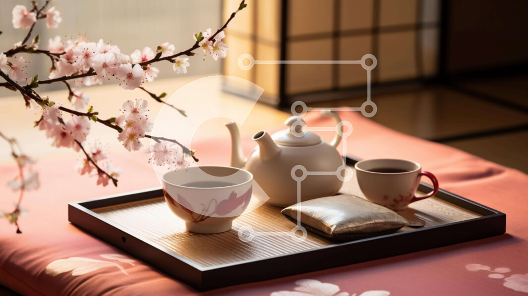 Σετ των 2 Intra Συλλεκτικό Ξύλινο Παζλ Plywood  4mm - Δίσκος με τσάι, καφέ και σνακ με ανθισμένη κερασιά Σε Ξύλινο Κουτί - Διαστάσεις: 10x10 cm – 25 κομμάτια