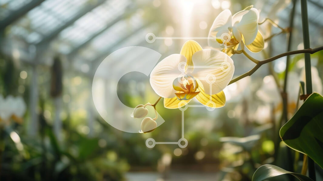 Intra Συλλεκτικό Ξύλινο Παζλ Plywood  4mm - Λευκό και κίτρινο λουλούδι ορχιδέας σε εσωτερικό θερμοκήπιο Σε Ξύλινο Κουτί - Διαστάσεις: 10x10 cm – 25 κομμάτια