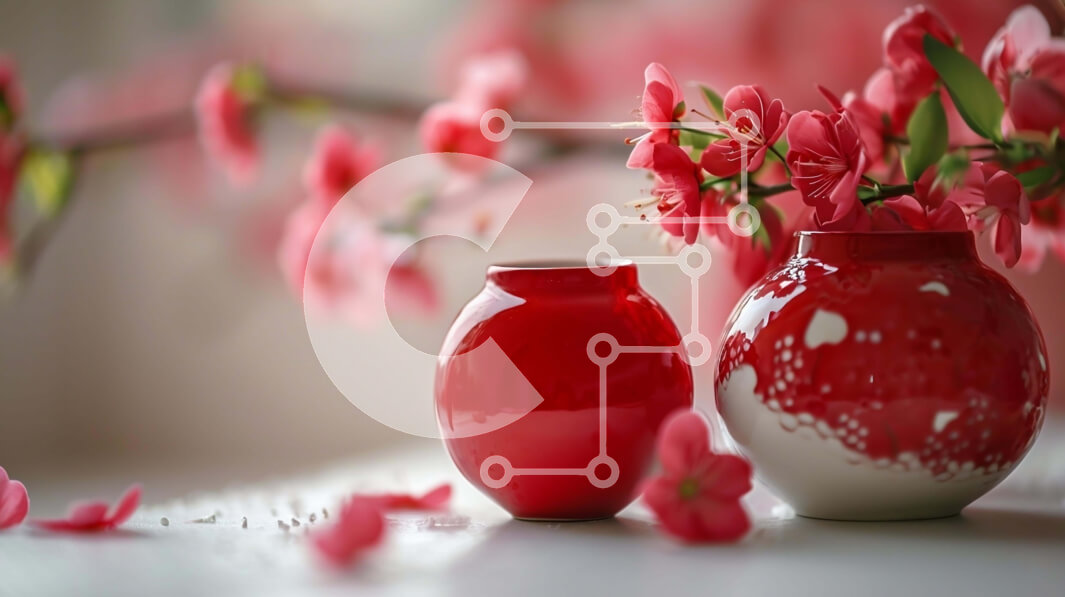 Intra Συλλεκτικό Ξύλινο Παζλ Plywood  4mm - Δύο κόκκινα βάζα με ροζ λουλούδια σε ένα λευκό τραπέζι Σε Ξύλινο Κουτί - Διαστάσεις Puzzle: 10x10 cm – 25 κομμάτια