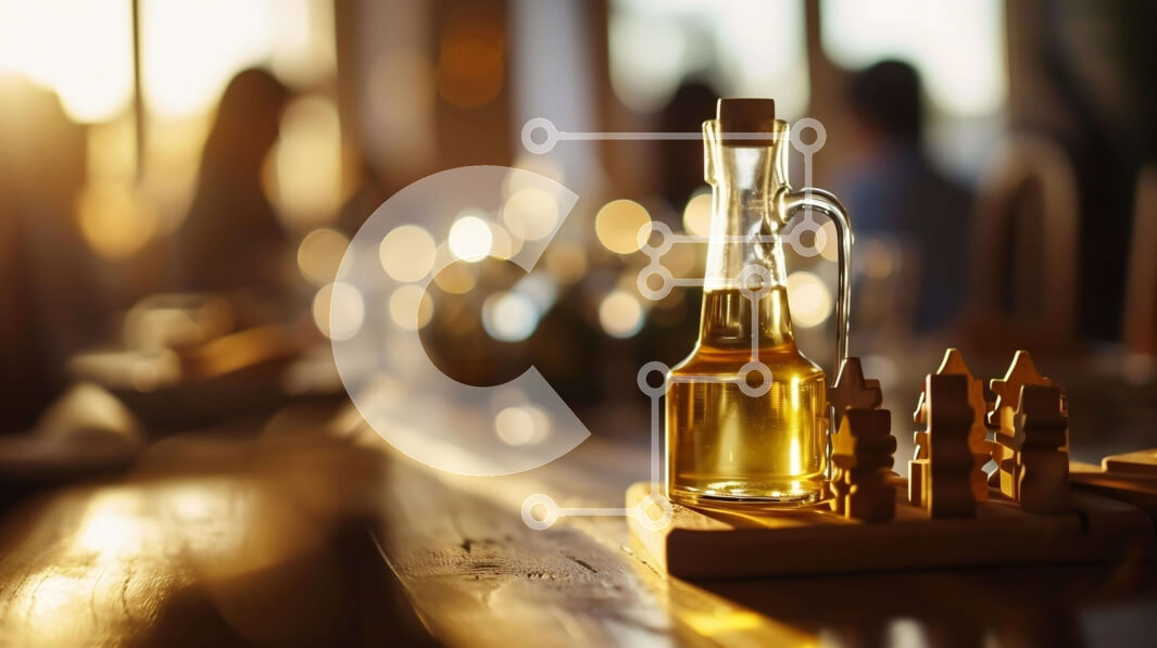 Σετ των 2 Intra Συλλεκτικό Ξύλινο Παζλ Plywood  4mm - Μπουκάλι ελαιόλαδο σε ξύλινο τραπέζι με ανθρώπους που απολαμβάνουν ένα γεύμα Σε Ξύλινο Κουτί - Διαστάσεις: 10x10 cm – 25 κομμάτια