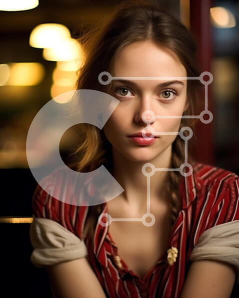 Intra Συλλεκτικό Ξύλινο Παζλ Plywood  4mm - Σοβαρή νεαρή γυναίκα με ριγέ πουκάμισο κάθεται σε ένα αμυδρά φωτισμένο δωμάτιο Σε Ξύλινο Κουτί - Διαστάσεις Puzzle: 10x10 cm – 25 κομμάτια