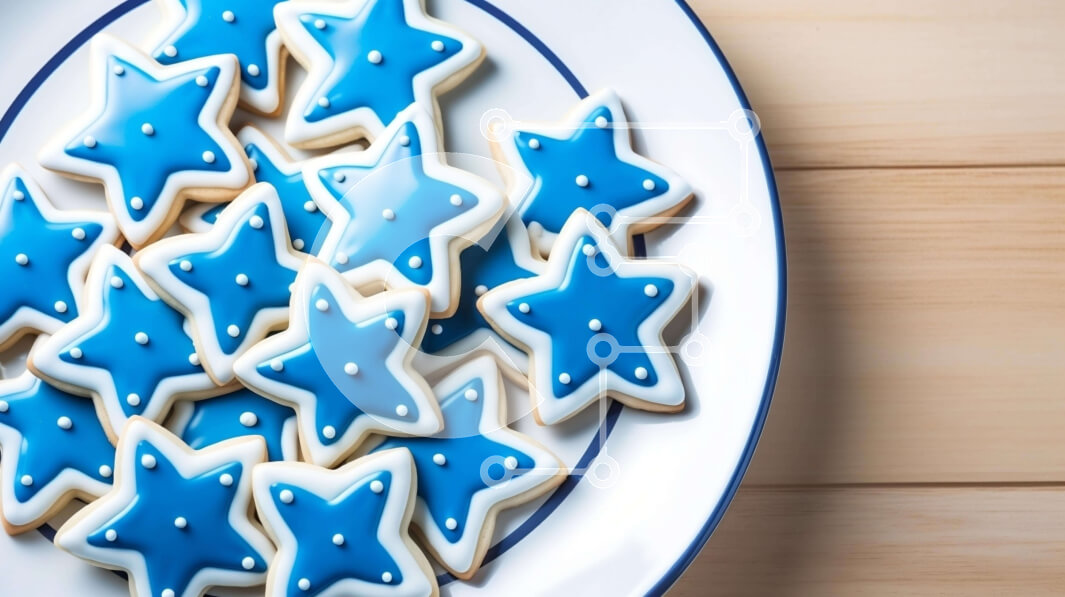 Σετ των 2 Intra Συλλεκτικό Ξύλινο Παζλ Plywood  4mm - Μπισκότα μπλε και λευκά σε σχήμα αστεριού σε λευκό πιάτο Σε Ξύλινο Κουτί - Διαστάσεις: 10x10 cm – 25 κομμάτια