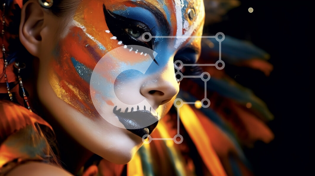 Intra Συλλεκτικό Ξύλινο Παζλ Plywood  4mm - Εκπληκτική εικόνα μιας γυναίκας με ζωηρή μπογιά προσώπου και φτερωτό κάλυμμα κεφαλής Σε Ξύλινο Κουτί - Διαστάσεις Puzzle: 10x10 cm – 25 κομμάτια