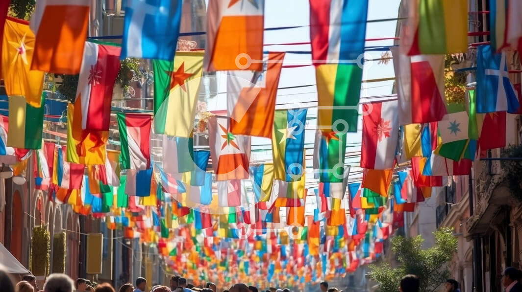 Intra Συλλεκτικό Ξύλινο Παζλ Plywood  4mm - Πολύχρωμη ευρωπαϊκή σκηνή δρόμου με σημαίες και ανθρώπους Σε Ξύλινο Κουτί - Διαστάσεις Puzzle: 10x10 cm – 25 κομμάτια