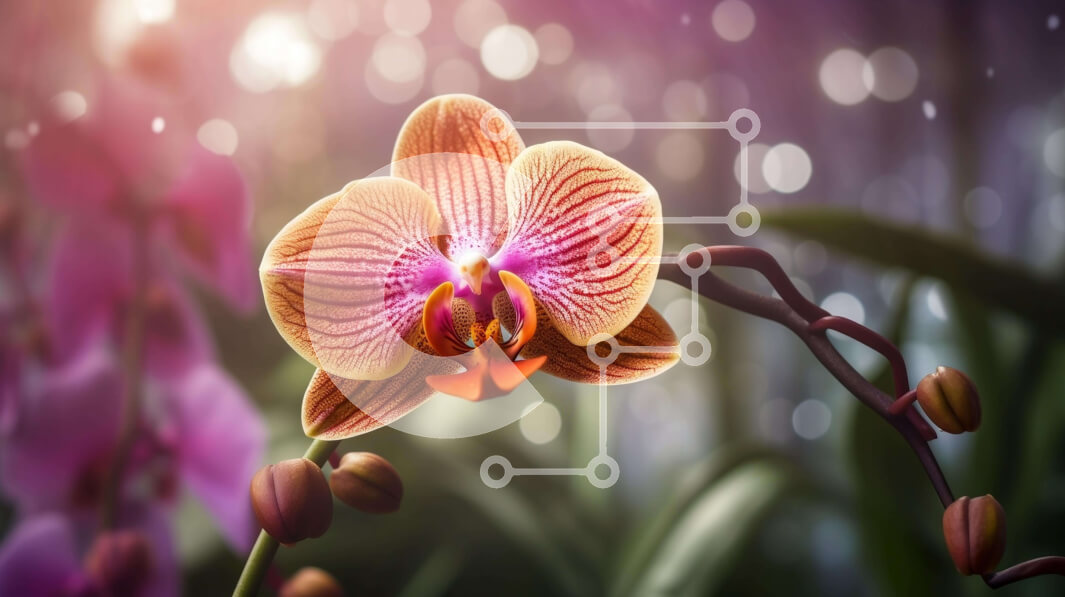 Intra Συλλεκτικό Ξύλινο Παζλ Plywood  4mm - Ροζ και πορτοκαλί ορχιδέα λουλούδι με θολό ανοιχτό φόντο Σε Ξύλινο Κουτί - Διαστάσεις: 10x10 cm – 25 κομμάτια