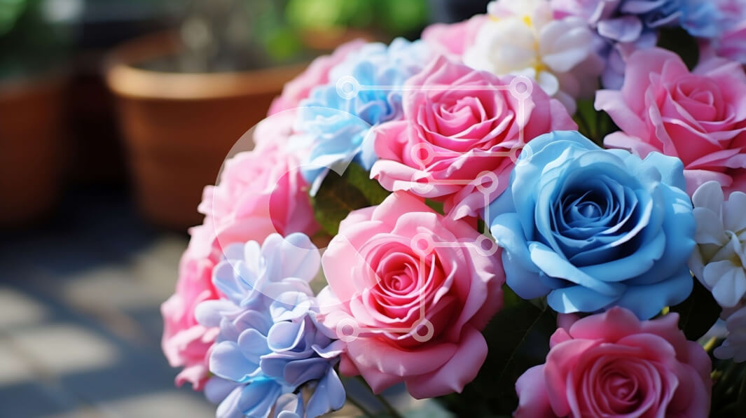 Intra Συλλεκτικό Ξύλινο Παζλ Plywood  4mm - Μπουκέτο με ροζ και μπλε τριαντάφυλλα σε ξύλινο τραπέζι Σε Ξύλινο Κουτί - Διαστάσεις: 10x10 cm – 25 κομμάτια