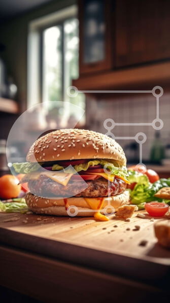 Intra Συλλεκτικό Ξύλινο Παζλ Plywood  4mm - Νόστιμο χάμπουργκερ με φρέσκα λαχανικά και τυρί σε ξύλινο ξύλο κοπής Σε Ξύλινο Κουτί - Διαστάσεις: 10x10 cm – 25 κομμάτια