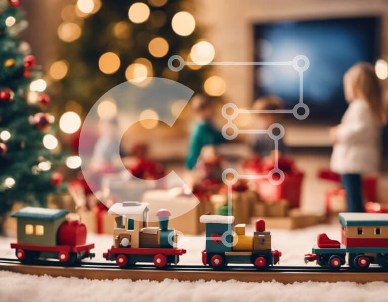 Intra Συλλεκτικό Ξύλινο Παζλ Plywood  4mm - Χριστουγεννιάτικο παιχνίδι τρενάκι με παιδιά να παίζουν τριγύρω Σε Ξύλινο Κουτί - Διαστάσεις: 10x10 cm – 25 κομμάτια