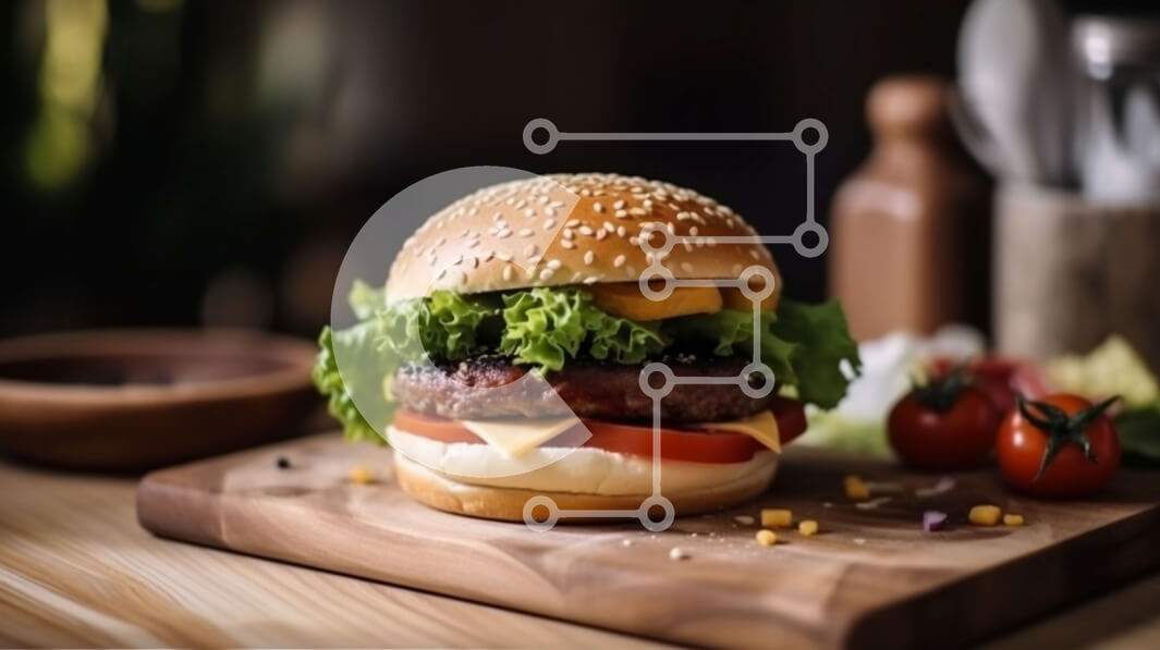 Σετ των 2 Intra Συλλεκτικό Ξύλινο Παζλ Plywood  4mm - Γλυκιά εικόνα του χάμπουργκερ με τυρί, μαρούλι και ντομάτα σε ξύλινο ξύλο κοπής Σε Ξύλινο Κουτί - Διαστάσεις: 10x10 cm – 25 κομμάτια