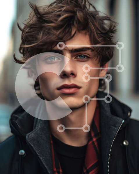 Intra Συλλεκτικό Ξύλινο Παζλ Plywood  4mm - Σοβαρό πορτρέτο ενός νεαρού άνδρα με σγουρά μαλλιά και γένια Σε Ξύλινο Κουτί - Διαστάσεις Puzzle: 10x10 cm – 25 κομμάτια