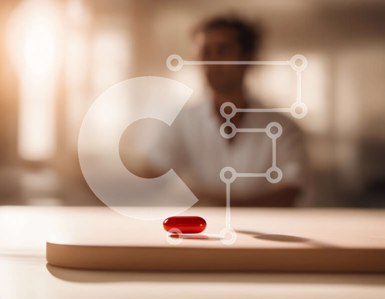 Intra Συλλεκτικό Ξύλινο Παζλ Plywood  4mm - Άτομο που σκέφτεται ένα κόκκινο χάπι σε ένα τραπέζι Σε Ξύλινο Κουτί - Διαστάσεις Puzzle: 10x10 cm – 25 κομμάτια