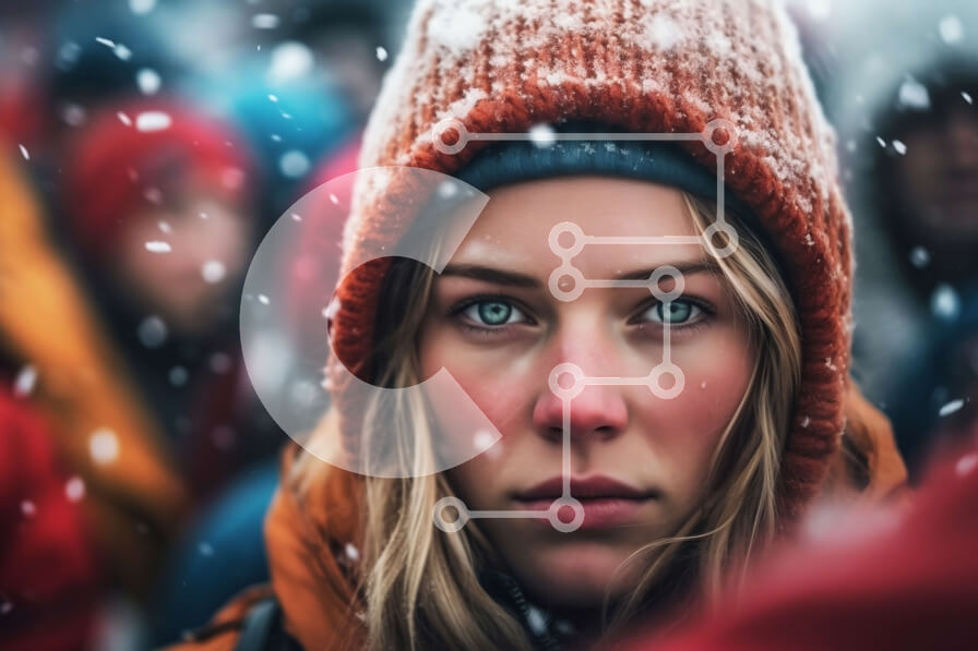 Intra Συλλεκτικό Ξύλινο Παζλ Plywood  4mm - Η σοβαρή γυναίκα με χειμερινή περιβολή ξεχωρίζει στο χιονισμένο πλήθος Σε Ξύλινο Κουτί - Διαστάσεις Puzzle: 10x10 cm – 25 κομμάτια