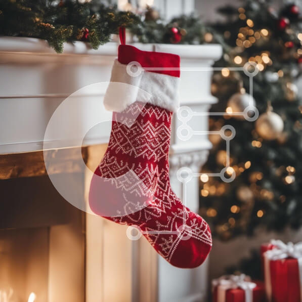 Intra Συλλεκτικό Ξύλινο Παζλ Plywood  4mm - Κόκκινη και λευκή χριστουγεννιάτικη κάλτσα σε μανδύα τζακιού με διακοσμητικά Σε Ξύλινο Κουτί - Διαστάσεις: 10x10 cm – 25 κομμάτια