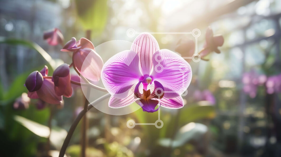 Intra Συλλεκτικό Ξύλινο Παζλ Plywood  4mm - Ανθισμένο μωβ λουλούδι ορχιδέας σε εσωτερικό θερμοκήπιο Σε Ξύλινο Κουτί - Διαστάσεις: 10x10 cm – 25 κομμάτια