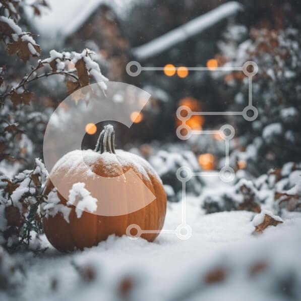 Intra Συλλεκτικό Ξύλινο Παζλ Plywood  4mm - Πορτοκαλί κολοκύθα στο χιόνι με δέντρα και θάμνους Σε Ξύλινο Κουτί - Διαστάσεις Puzzle: 10x10 cm – 25 κομμάτια