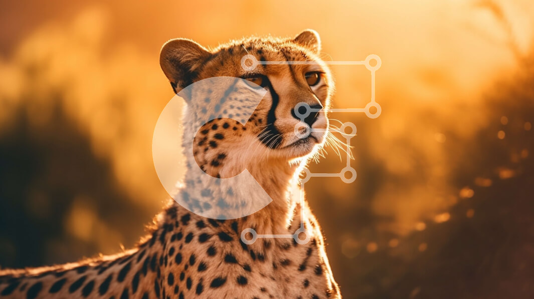 Intra Συλλεκτικό Ξύλινο Παζλ Plywood  4mm - Τσίτα που κάθεται στο γρασίδι και κοιτάζει ψηλά το ηλιοβασίλεμα Σε Ξύλινο Κουτί - Διαστάσεις: 10x10 cm – 25 κομμάτια