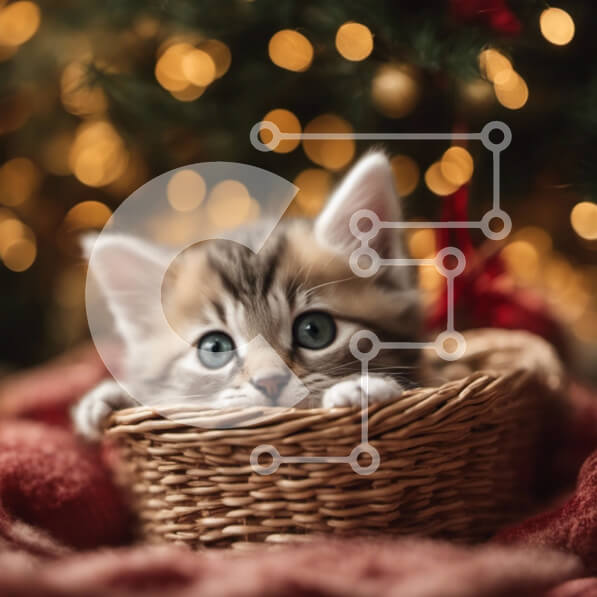 Intra Συλλεκτικό Ξύλινο Παζλ Plywood  4mm - Περίεργο γατάκι στο καλάθι με φόντο το χριστουγεννιάτικο δέντρο Σε Ξύλινο Κουτί - Διαστάσεις: 10x10 cm – 25 κομμάτια