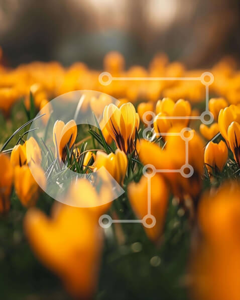 Intra Συλλεκτικό Ξύλινο Παζλ Plywood  4mm - Πεδίο με ανθισμένα λουλούδια κρόκου στο φως του ήλιου Σε Ξύλινο Κουτί - Διαστάσεις: 10x10 cm – 25 κομμάτια