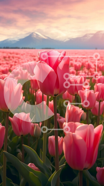 Σετ των 2 Intra Συλλεκτικό Ξύλινο Παζλ Plywood  4mm - Πανέμορφο ροζ πεδίο τουλίπας με φόντο το βουνό στο ηλιοβασίλεμα Σε Ξύλινο Κουτί - Διαστάσεις: 10x10 cm – 25 κομμάτια