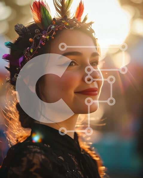 Intra Συλλεκτικό Ξύλινο Παζλ Plywood  4mm - Γυναίκα που φορά πολύχρωμο φτερό στέμμα χαμογελώντας στην κάμερα Σε Ξύλινο Κουτί - Διαστάσεις Puzzle: 10x10 cm – 25 κομμάτια