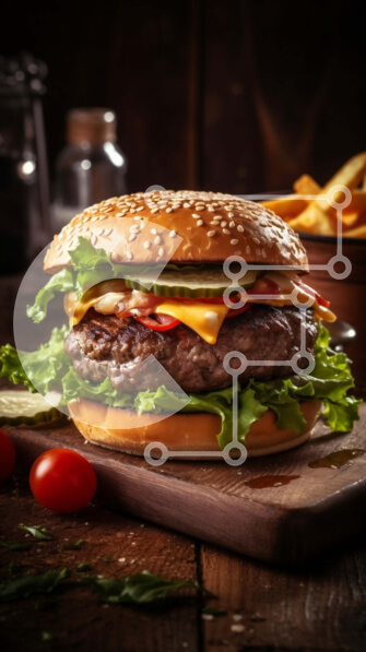 Intra Συλλεκτικό Ξύλινο Παζλ Plywood  4mm - Νόστιμη εικόνα ενός Cheeseburger με μαρούλι, ντομάτα και τηγανιτές πατάτες σε ένα ξύλινο τραπέζι Σε Ξύλινο Κουτί - Διαστάσεις: 10x10 cm – 25 κομμάτια