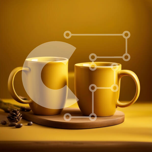 Σετ των 2 Intra Συλλεκτικό Ξύλινο Παζλ Plywood  4mm - Κομψές κίτρινες κούπες με κόκκους καφέ στο φόντο Σε Ξύλινο Κουτί - Διαστάσεις: 10x10 cm – 25 κομμάτια